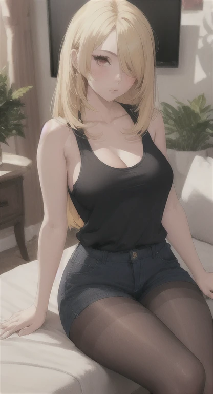 Small breasts, Busty girl, Cynthia, looking at viewer, tank top, shorts, pantyhose, Half blonde, red eyes, living room, sitting, legs crossed pose,