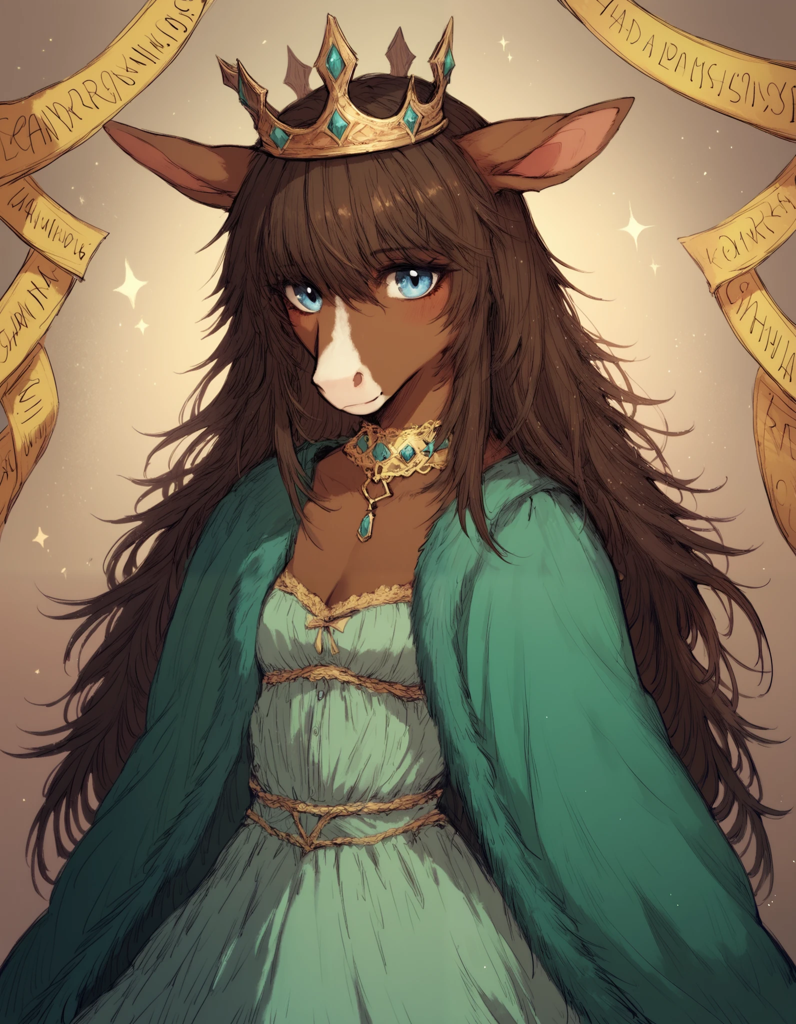 black souls style,, solo, anthropomorphic horse, 1 girl, furry female, furry horse, light brown fur, blue eyes, long snout, dark brown mane, green clothes with large yellow stripe, crown, 