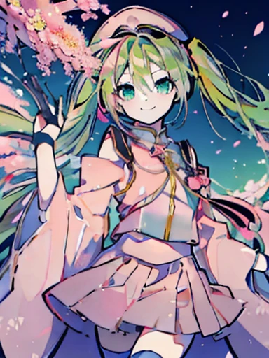 ((   Masterpiece      )), ((( top quality))), ((   very detailed )),    colorful   ,  light green hair ，   has high definition  ，angle（0.8）,    1 girl, Alone,((   pink)), 千本cherry blossoms_(   vocaloid   ), Golden Ratio，Enjoying Japanese style circle  ，   Flower blowing snow  ，cherry blossoms，sing， having fun ，smile，