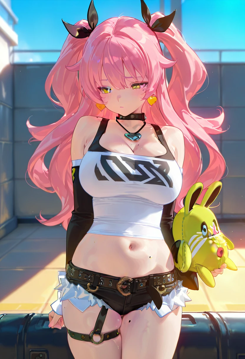 ultra-detailed,
master piece,best quality,high resolution,
beautiful eyes,detailed eyes,detailed face,
beautiful detailed eyes,symmetrical clear eyes,
1girl, Nicole starts,pink hair, hair ornaments, two ponytails, multi-colored eyes, yellow eyes, earrings,
collar, necklace, black and white shirt, cleavage, midriff, shoulder cut, detached sleeves, micro shorts, belts, mole under eye, mole on breast, mole on thigh, plushy on waist, single ragged thigh high,large breasts,Soft Breasts, saggy breasts during pregnancy,wide hip,