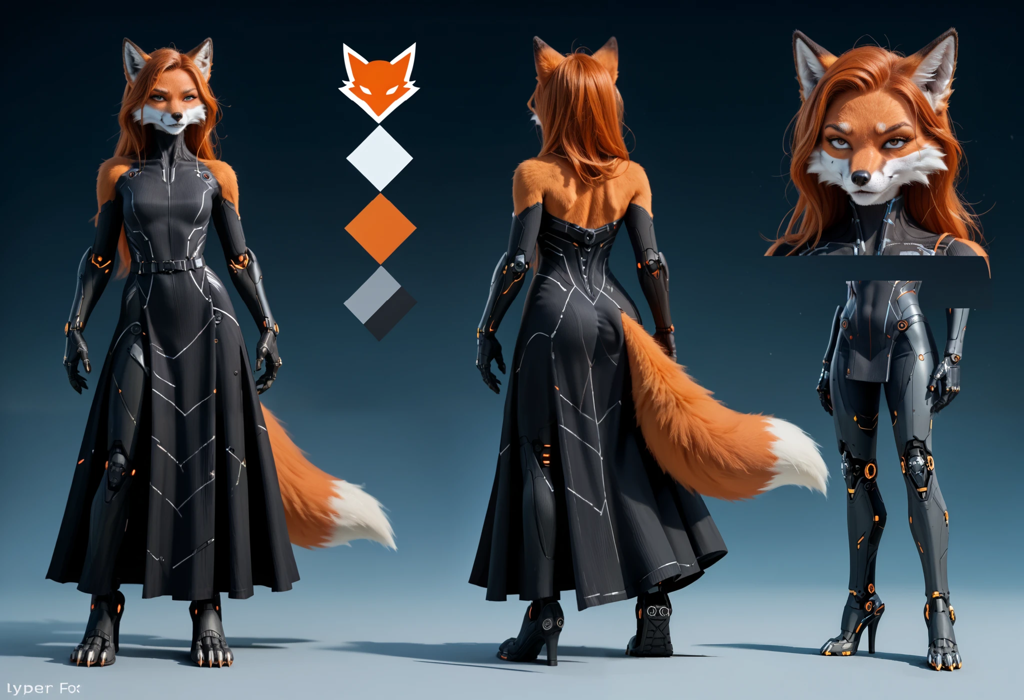 (zPDXL2), (PonyXLV6_Scores), source_anime, source_anthro, source_furry, Expressiveh, full body shot, asymmetric image, BREAK
lhata4564, 
(furry, anthro, cyber fox), (tactical RPG style), (cyber Witch, cyber dress, cyber magic, ginger fox), (concept art, character sheet:1.35), absurdres, perfect anatomy,
realistic, photorealistic