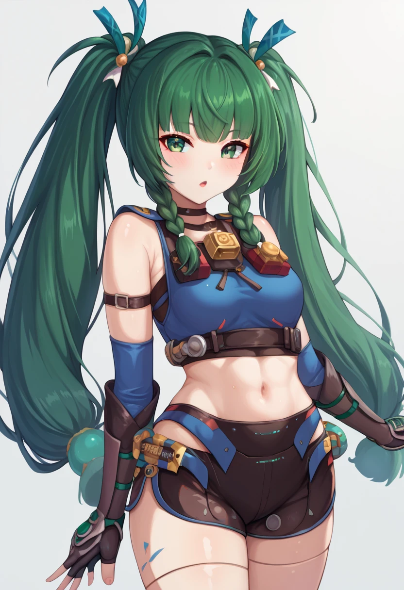 ultra-detailed,
master piece,best quality,high resolution,
beautiful eyes,detailed eyes,detailed face,
beautiful detailed eyes,symmetrical clear eyes,
1girl,score_9,score_8_up,score_7_up BREAK qingyiSDXL,1girl,long hair,gloves,bare shoulders,twintails,very long hair,green eyes,braid,green hair,shorts,black gloves,fingerless gloves,twin braids,crop top,short shorts,black shorts,joints,(small breasts:1.1),(medium breasts:0.9),wide hip,太い太もも