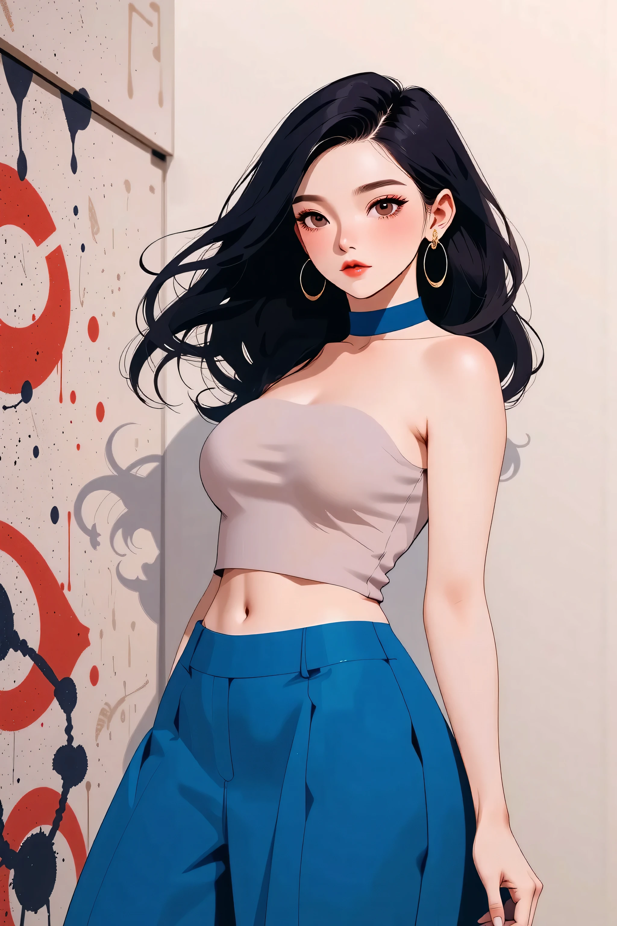 (masterpiece, best quality:1.4), official art, absurdres, vivid colors, girl, asian , beautiful eyes, tight crop top, tight pants, choker, (splash ink, graffiti on wall:1.2), navel, slender, standing, from below, cowboy shot, small waist, thick thighs, (arch back, perky butt:0.6), sharp focus, dynamic lighting, cinematic lighting, dramatic shadow, highres, ultra detailed, finely detail, extremely detailed, detailed eyes and face, sharp pupils, realistic pupils, simple background, big breasts, cleavage,