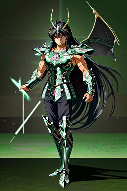 masterpiece xxshiryudragonxx , highly detailed 8k raw photorealistic photo,  best cinematographic quality,  volumetric lighting and shadows 1boy , Armor,  black hair,  brown eyes , collarbone,  full body ,  green background ,  long hair,  masculine focus,  simple background , Alone, standing,  dragon in the background 
(kitchen background:1.2)