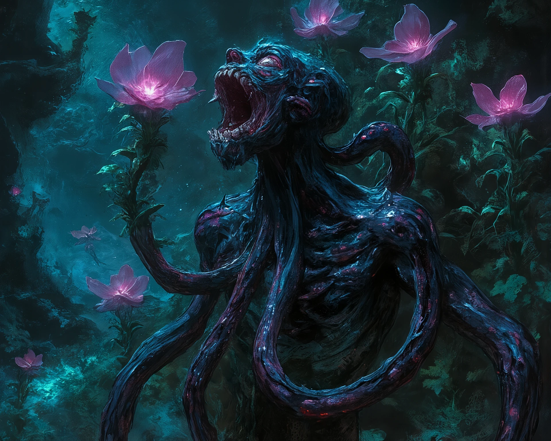 a nightmarish landscape of deep-sea flora and fauna. A humanoid creature with elongated limbs, made entirely of tentacles, is entwined with the stems of giant, bioluminescent flowers. The creature's face is a grotesque fusion of a screaming human and a gaping octopus mouth. The scene is set against a backdrop of swirling, dark plisms that resemble the inky abyss of the ocean. The overall aesthetic is a chilling blend of beauty and horror, with a focus on the disturbing harmony between the creature and the plants, oil painting, a detailed painting, ink artistic conception, real paint texture, hyper-realistic, depth of field, dramatic lighting, Realistic, highly detailed, masterpiece, 8k, Cinematic Composition, dark moody vibe, Dramatic Shadows, Intricate and elaborate pattern, 30 megapixel, chiaroscuro lighting, moody color palette, deep contrast, realistic anime style, A fusion of the styles of Katsuya Terada, Range Murata, Akiman and JUNNY