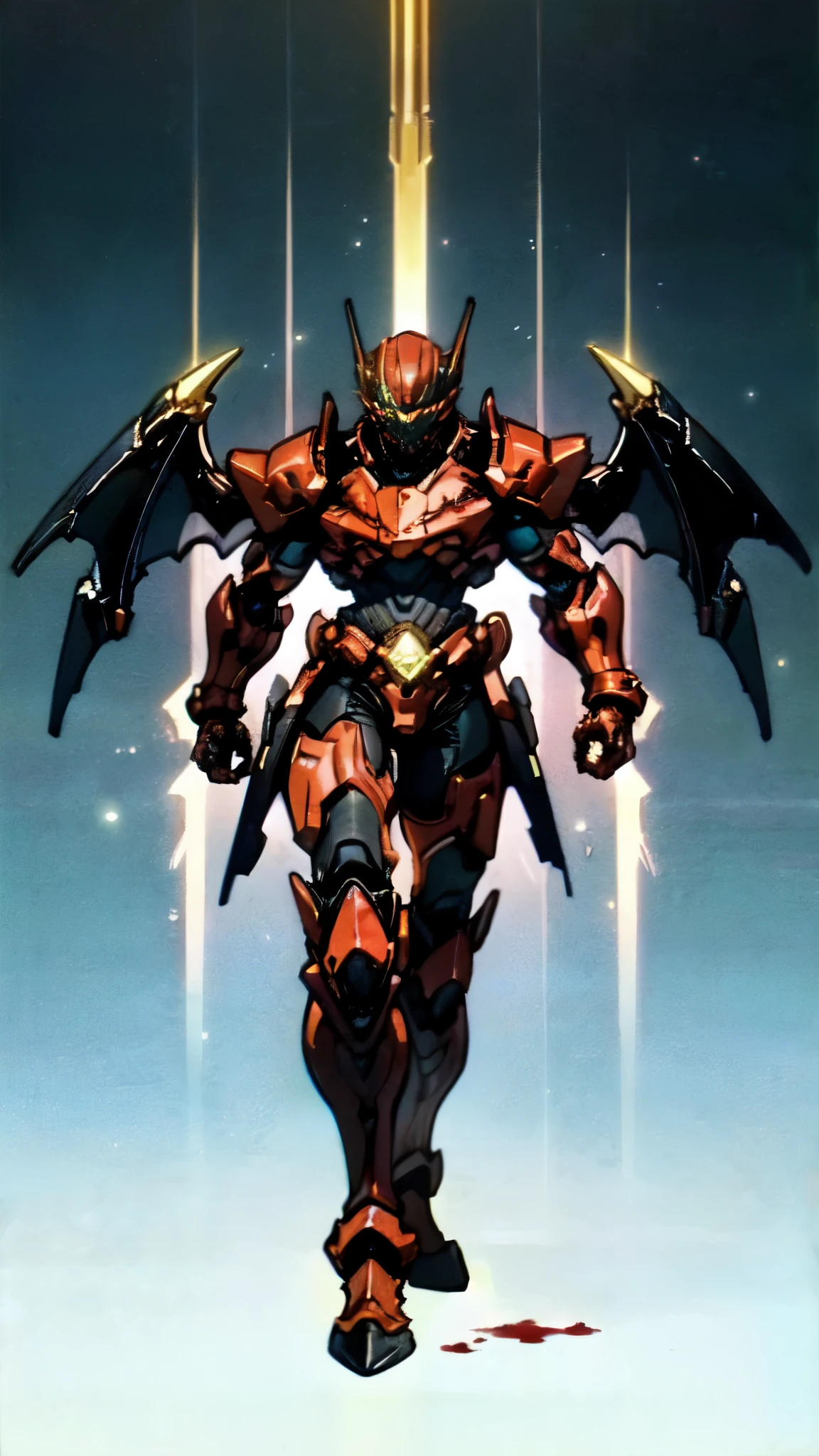 (masterpiece:1.5, best quality:1.5, extremely delicate:1.5), ((male:1.5)), a man wearing a full-face helmet, high-tech biomimetic armored combat suit, (a composite layered chest armor), the design balances heavy with agility, fully enclosed shoulder guards, matching arm and leg guards, a belt of gemstone, (the color scheme is primarily Red with Purple and Yellow accents, Organic Biotech, Concept Inspired by Vampire, glowing eyes, armor glows, huge cloak like devil wings, blood), stand of a futuristic sci-fi city, this character embodies a finely crafted fantasy-style armored hero in anime style, exquisite and mature art style, metallic, high definition, highres, ultra-detailed, ultra-fine painting, professional, perfect body proportions, golden ratio, anatomically correct, symmetrical face, extremely detailed eyes and face, high quality eyes, creativity, RAW photo, UHD, 32k, Natural light, cinematic lighting, (masterpiece-anatomy-perfect:1.2)