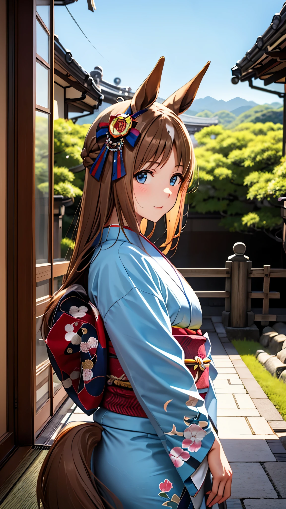 illustration style, masterpiece, high detail, 8k, clean lineart, cinematic, 
kimono,    
grass wonder \(umamusume\), horse ears, streaked hair, horse tail, 

(hair fully hides ears), mature face, 22 years old, open corridor, outdoor, kyoto, Sunbathing, natural pose