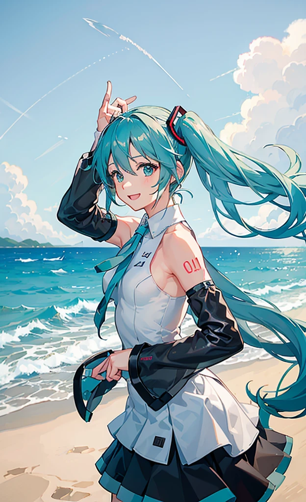  1 girl, Alone, change,  on the beach ,   beautiful hands,  Hatsune Miku , White， competitive swimsuit, (  black skirt  :1.3),  detached sleeves, 
break
:d,  happy , smile,  watch viewers, ✌️, whole body, (Opposition:1.5)
break
stage lights,