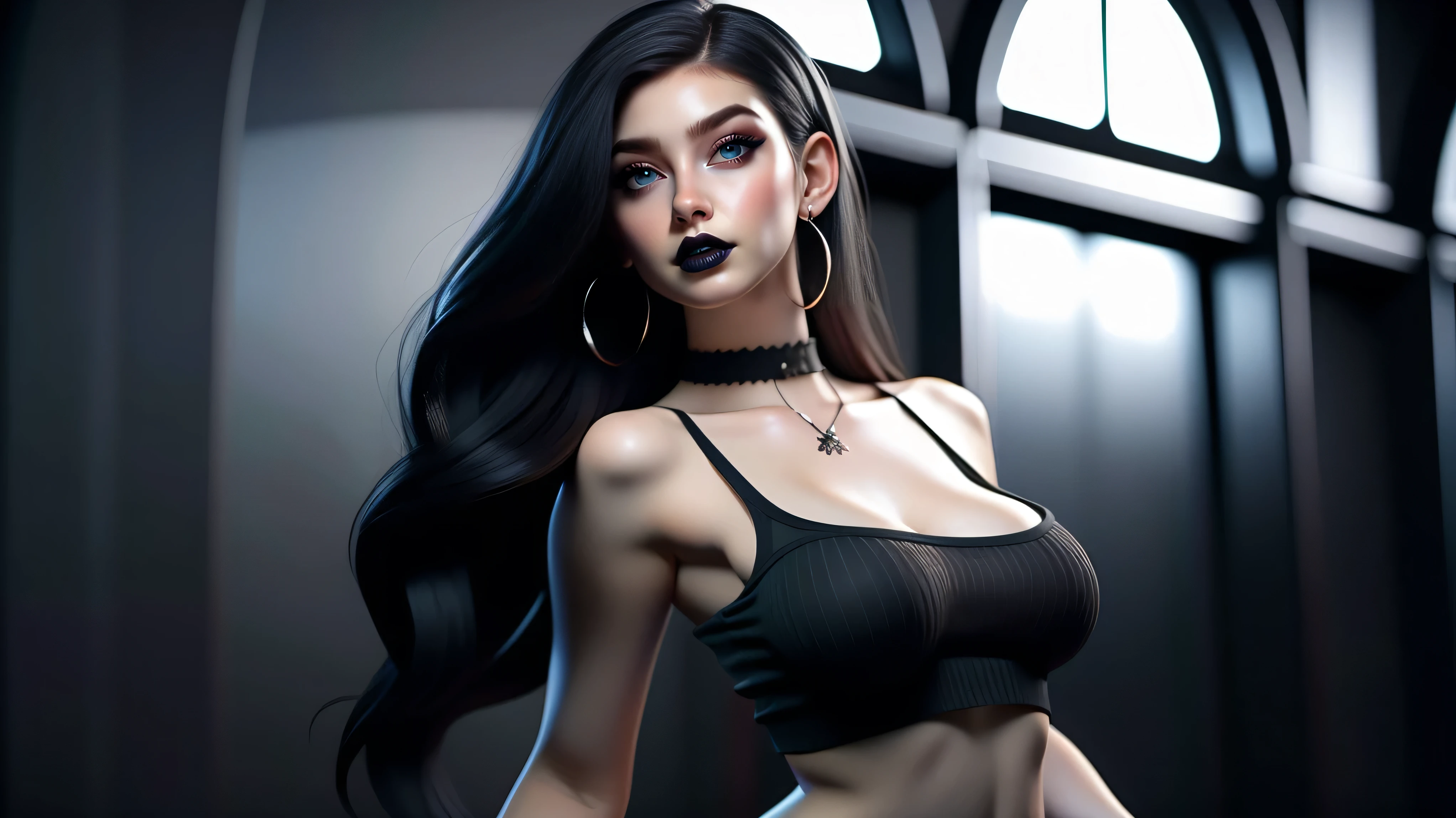 Best quality, 3d rendering work, 3DMM style, Close-up, Portrait,3D, 1girll, only, Black hair, earrings, looking at the camera, Realistic, Thin hips, Full body, thigh to head shot, ((sexy)), ((goth)), (panties), standing in front of a nightclub, city street, bangs, looks away, Long straight black hair, full lips, choker necklace, Makeup, (Green eyes), Tifa Lockhart, (round breasts, full breasts), (Medium breasts: 1.1)