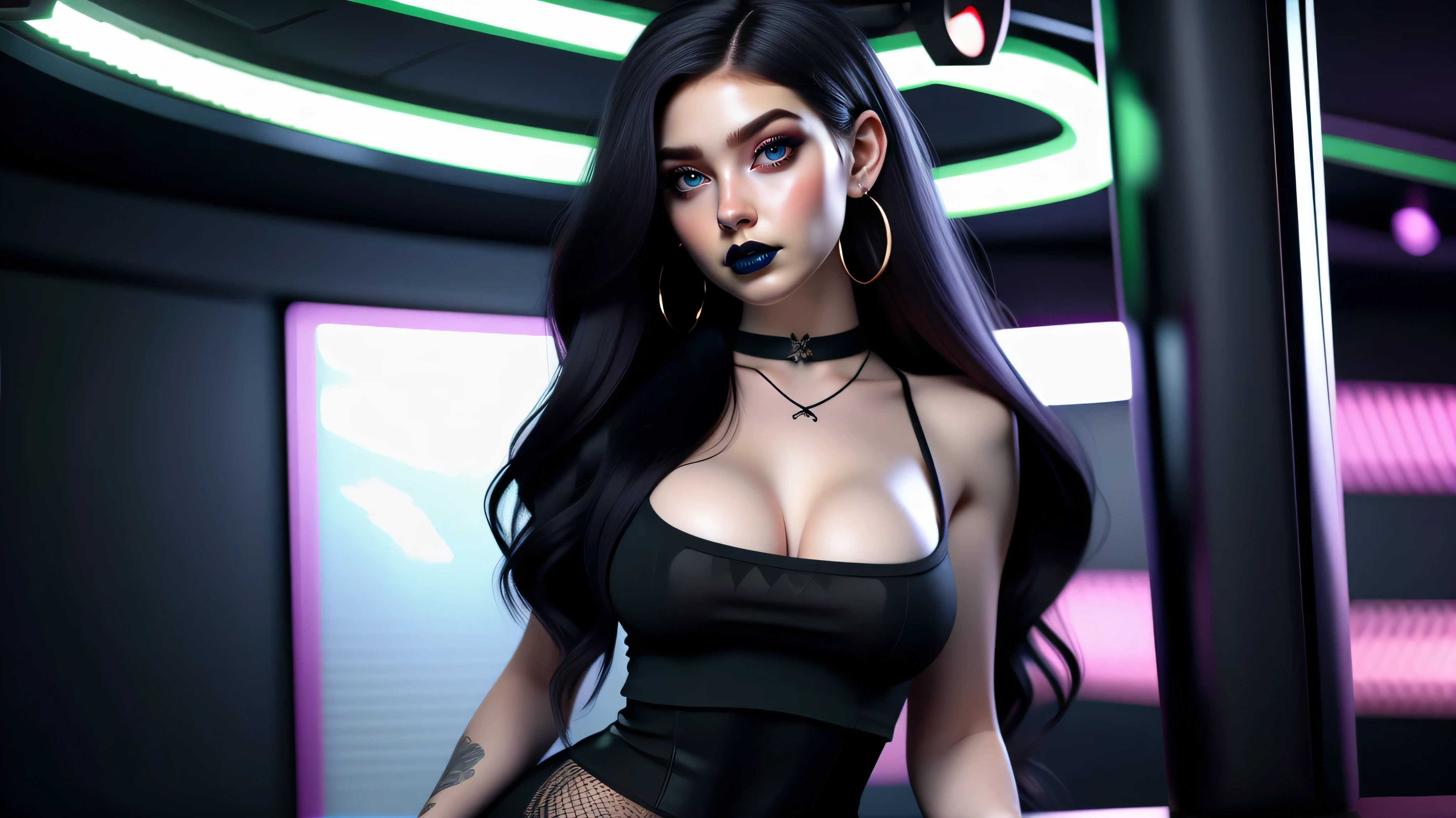 Best quality, 3d rendering work, 3DMM style, Close-up, Portrait,3D, 1girll, only, Black hair, earrings, looking at the camera, Realistic, Thin hips, Full body, thigh to head shot, ((sexy)), ((goth)), (panties), standing in front of a nightclub, city street, bangs, looks away, Long straight black hair, full lips, choker necklace, Makeup, (Green eyes), Tifa Lockhart, (round breasts, full breasts), (Medium breasts: 1.1)