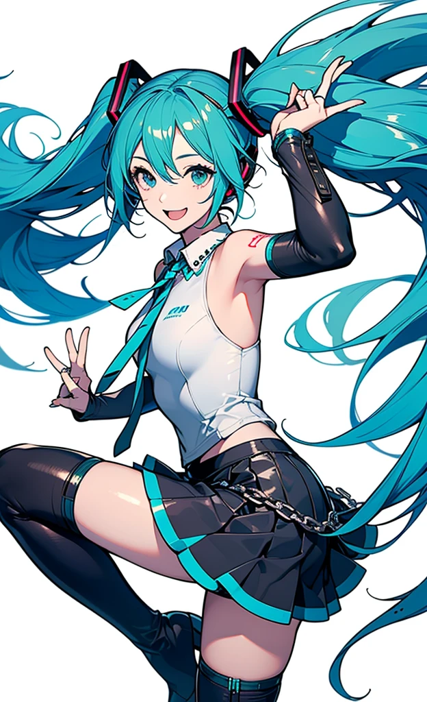  1 girl, Alone, change,  on the beach ,   beautiful hands,  Hatsune Miku , White， competitive swimsuit, (  black skirt  :1.3),  detached sleeve,  BLACK KNEE HIGH BOOTS ，
break
:d,  happy , smile,  watch viewers, ✌️, whole body, (Opposition:1.5)
break
stage lights,