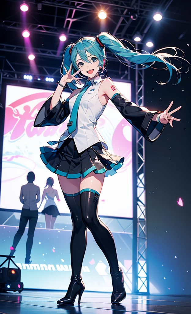  1 girl, Alone, change,  on the beach ,   beautiful hands,  Hatsune Miku , White， competitive swimsuit, (  black skirt  :1.3),  detached sleeve,  BLACK KNEE HIGH BOOTS ，
break
:d,  happy , smile,  watch viewers, ✌️, whole body, (Opposition:1.5)
break
stage lights,