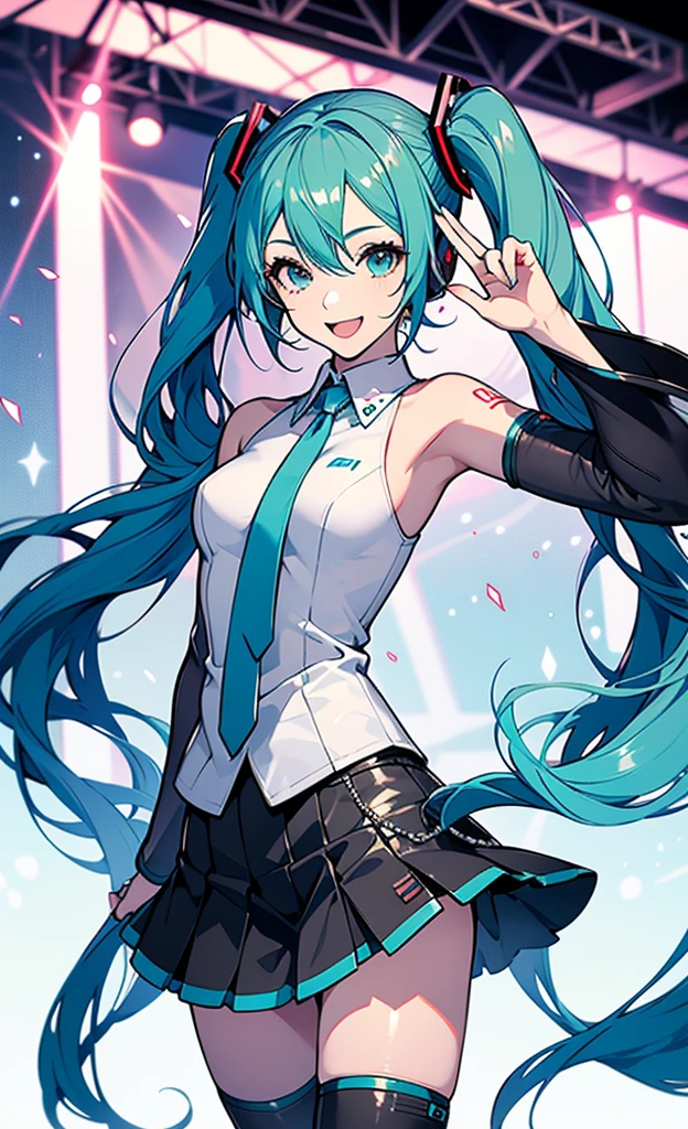  1 girl, Alone, change,  on the beach ,   beautiful hands,  Hatsune Miku , White， competitive swimsuit, (  black skirt  :1.3),  detached sleeve,  BLACK KNEE HIGH BOOTS ，
break
:d,  happy , smile,  watch viewers, ✌️, whole body, (Opposition:1.5)
break
stage lights,