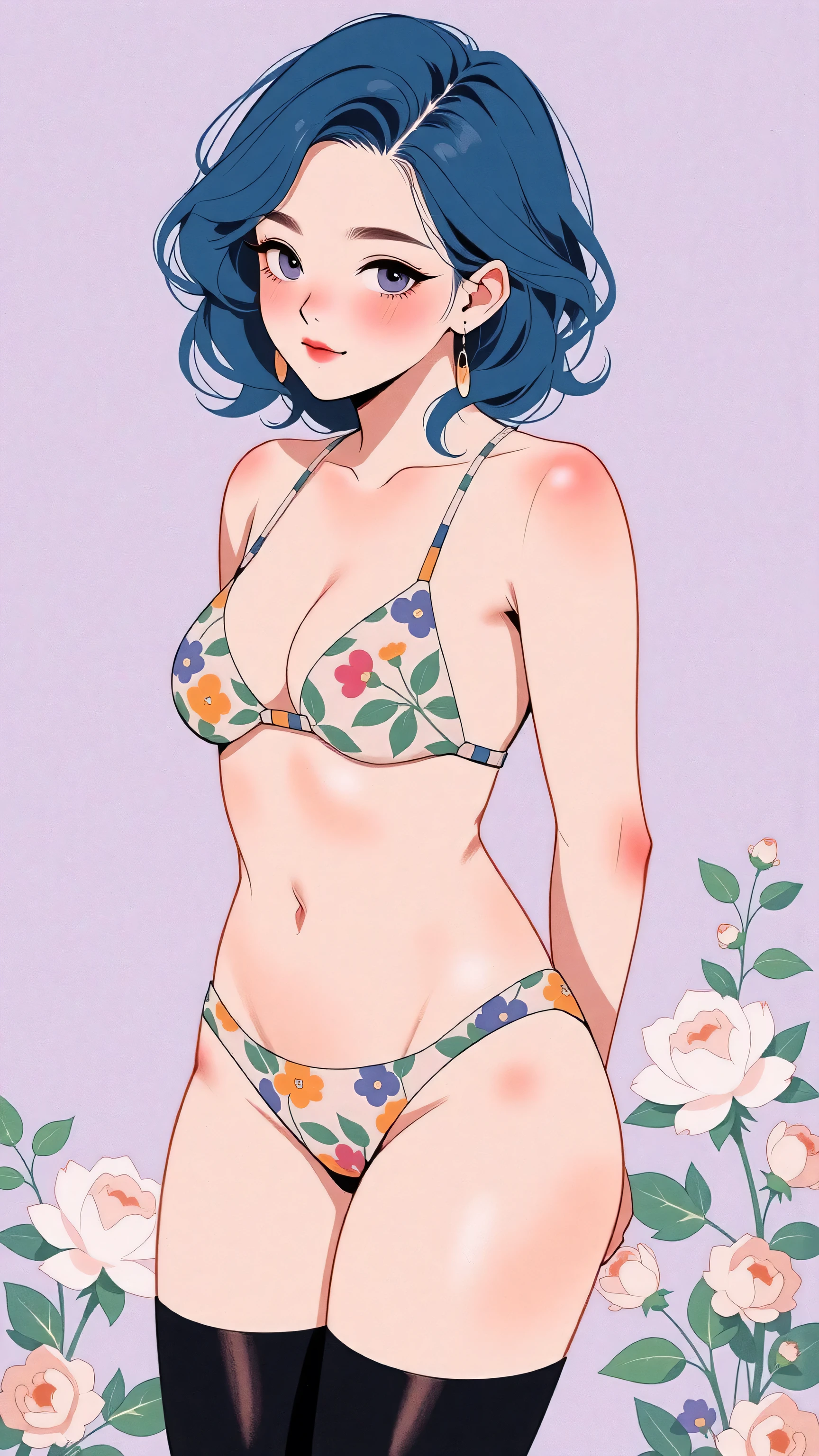 (((ganyu))), genshin impact, (((cute overload))), massive , thick thighs, thigh highs, ((purple eyes)), (blue hair)), (((hand drawn))), ((retro anime)), (((floral bikini top))), (((finely detailed))), (((((purple floral background))))), (ulzzang), playful, ((looking at viewer)), ((arms behind back)), ((cleavage)), ((underboob)), ((sideboob)),