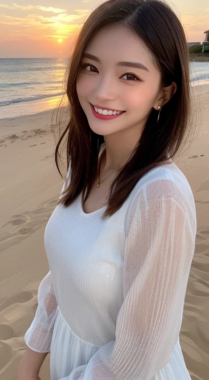 8K,(RAW photo),(highest quality),( (masterpiece:1.5)),(Super detailed),(ultra high resolution,),( (realistic, photo realistic:1.5)),(very detailed, 8K wallpaper),(very detailed beautiful woman in her 30s),(very detailed face, very),(Take beautiful full body photos),(fine eyes, very detailed skin),(very detailed fingers),(very detailed nose),(Girls here are styling their straight hair),(She has a gentle smile),(She wears a white T-shirt),(The background is a beach with a blue sky)
