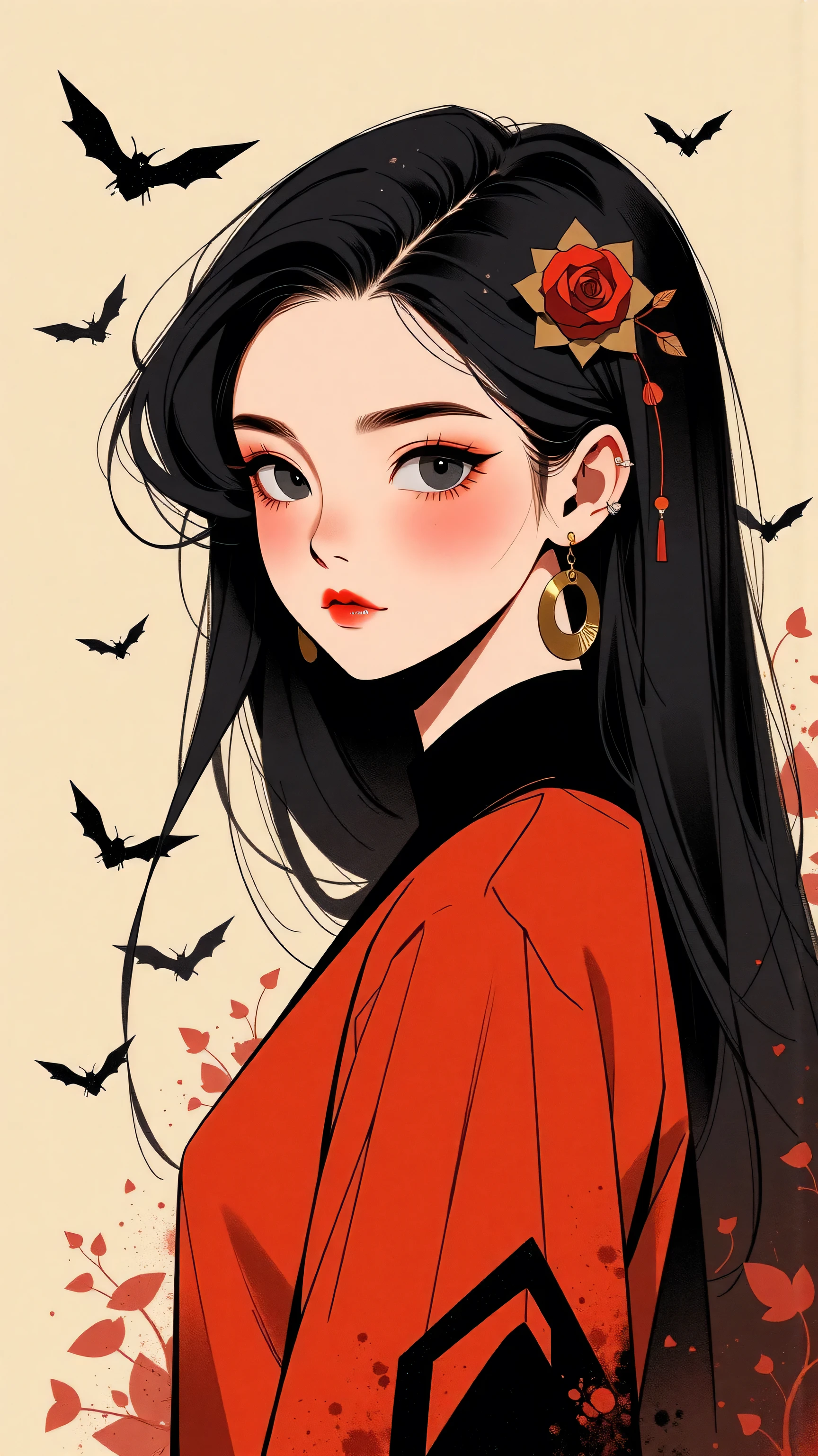 japanese goth kawaii girl, (abstract art:1.2), fractal art, psychedelic art, (style of Yuko Shimizu:1.1), red theme, dark theme, 1girl, thorns, hair ornament, somber expression, metallic gold accent, masterpiece, best quality, ultra high res, award-winning art, highly detailed, beautiful, aesthetic, in the style of sci-fi french illustrator and cartoonist moebius, bats, spiders, 