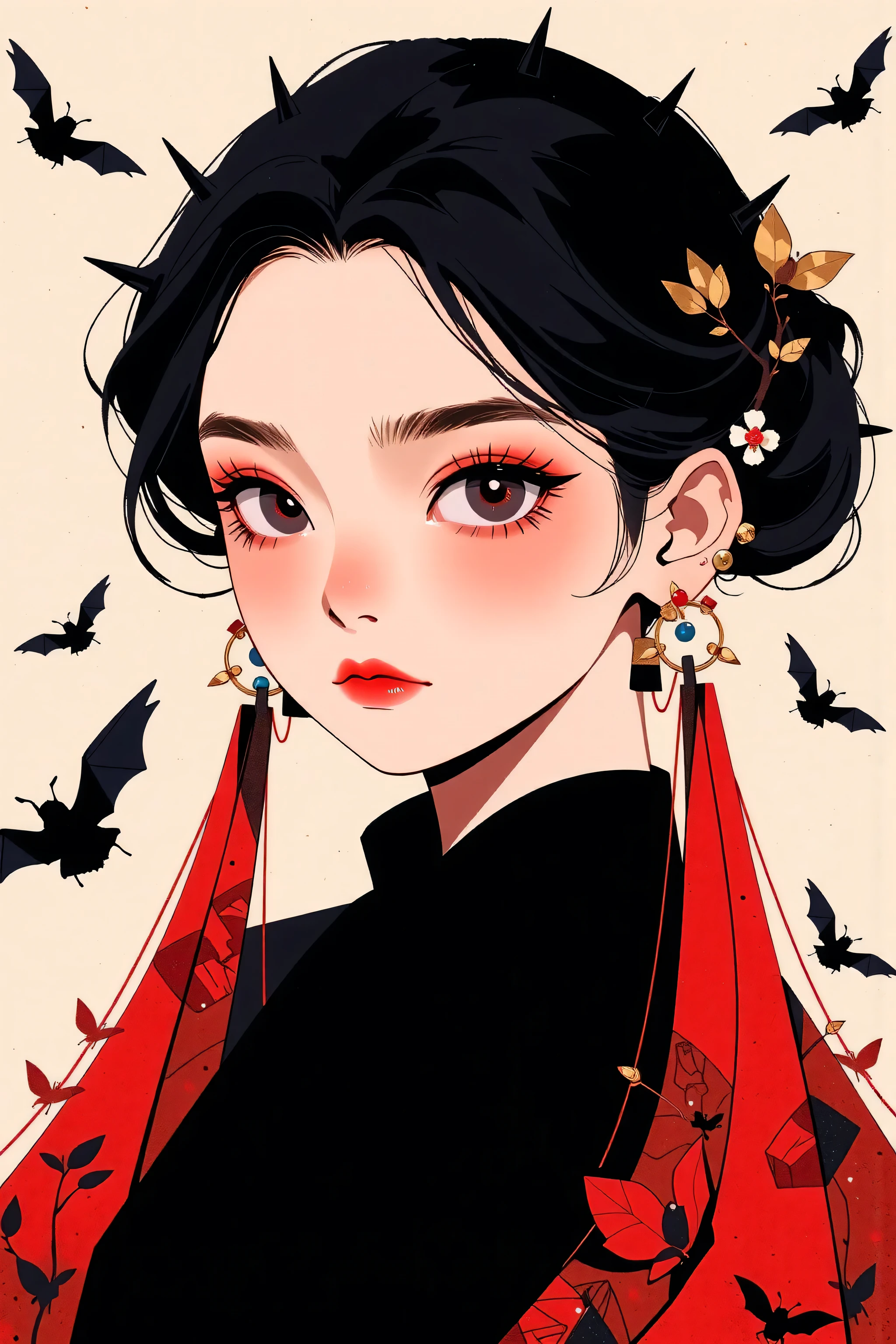 japanese goth kawaii girl, (abstract art:1.2), fractal art, psychedelic art, (style of Yuko Shimizu:1.1), red theme, dark theme, 1girl, thorns, hair ornament, somber expression, metallic gold accent, masterpiece, best quality, ultra high res, award-winning art, highly detailed, beautiful, aesthetic, in the style of sci-fi french illustrator and cartoonist moebius, bats, spiders,