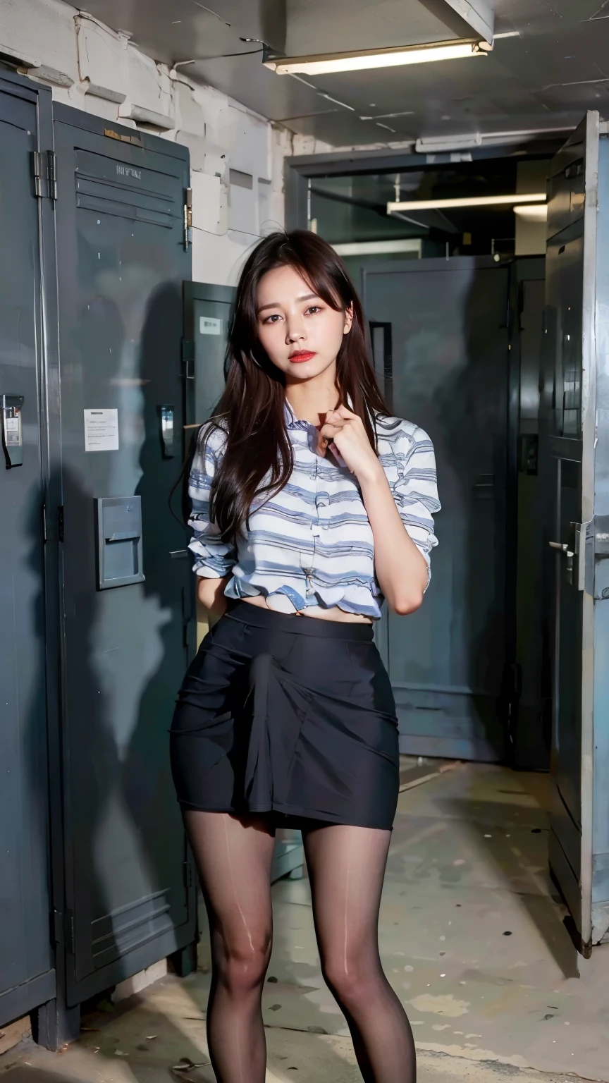 ((( Masterpiece ))), ((( top quality: 1.4))), (( very detailed: 1.4)) , ( realistic ), (Genuine:1.4), 1 girl、 PERFECT ANATOMY 、48 years old、 amazing beauty 、Plump Mature Woman、 Perfect look , double eyelids の目, Delicate Makeup ,Cool Beauty, Please also accurately describe the details of the face and the texture of the skin,(The most beautiful face and eyes), double eyelids , Delicate Skin, staring at the camera 、Medium-length hair、 Plaid Vest、(( standing:1.3))、( Ultra Realistic Pantyhose :1.2), ( high heels)、( business services )、actress, shame、Shyness、evidence、Seized items、 red lips, ,Strategy for Conquering Edo、 (locker room), color, (suspension:1.6), inhibition, Leaning Forward , miniskirt, Erection under clothes