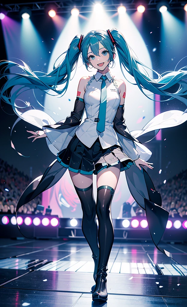 ((full body)), 1 girl, Alone, change,  on the beach ,   beautiful hands,  Hatsune Miku , White， competitive swimsuit, (  black skirt  :1.3),  detached sleeves,  BLACK KNEE HIGH BOOTS ，
break
:d,  happy , smile,  watch viewers, ✌️, whole body, (Opposition:1.5)
break
stage lights,