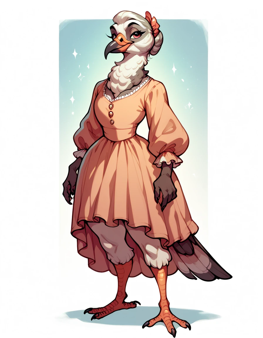 Furry BIRD female , elderly female ,wearing dress ,huge wide hips , thick thighs ,Full body 