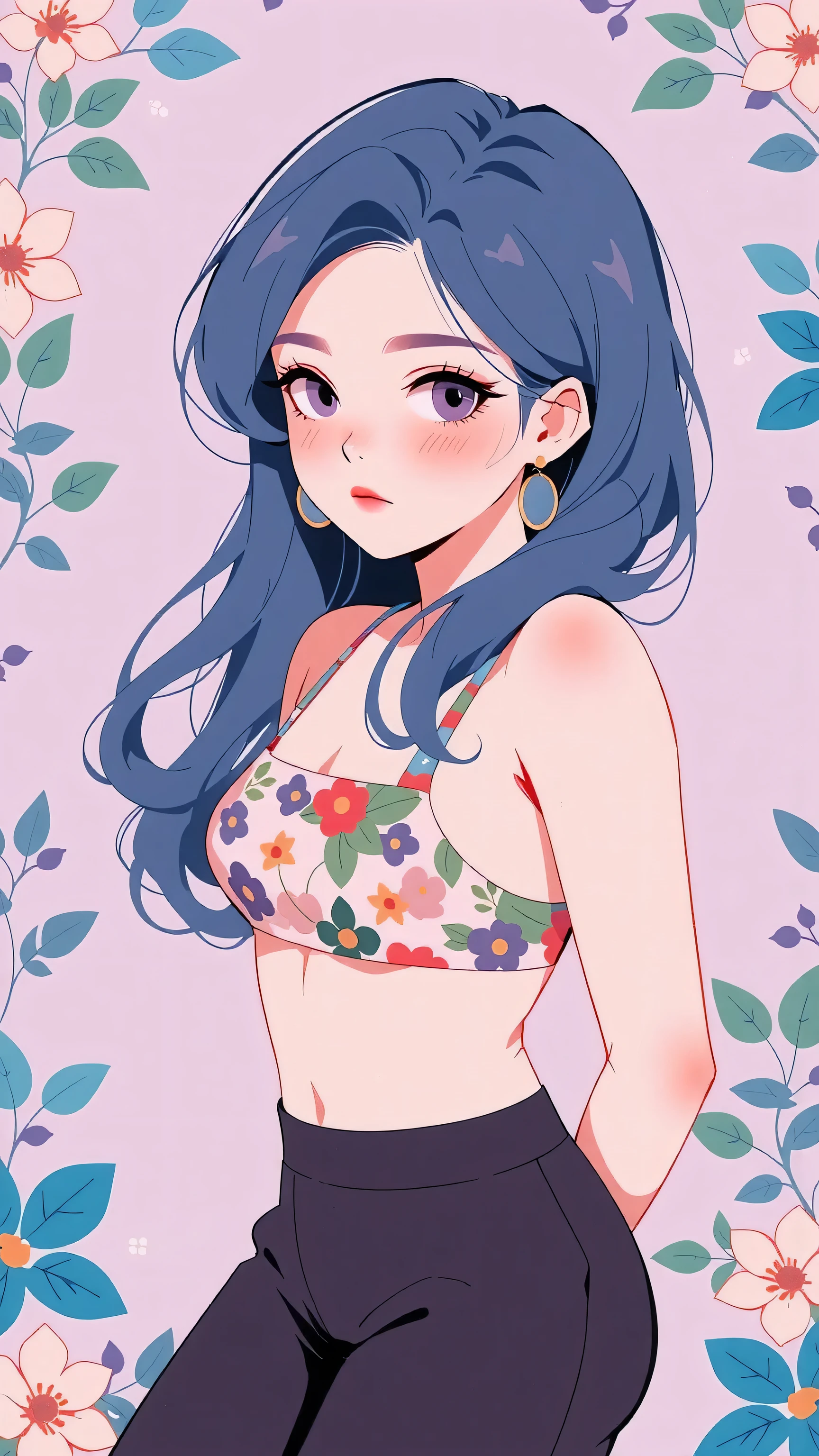 (((ganyu))), genshin impact, (((cute overload))), massive , thick thighs, thigh highs, ((purple eyes)), (blue hair)), (((hand drawn))), ((retro anime)), (((floral bikini top))), (((finely detailed))), (((((purple floral background))))), (ulzzang), playful, ((looking at viewer)), ((arms behind back)), ((cleavage)), ((underboob)), ((sideboob)),