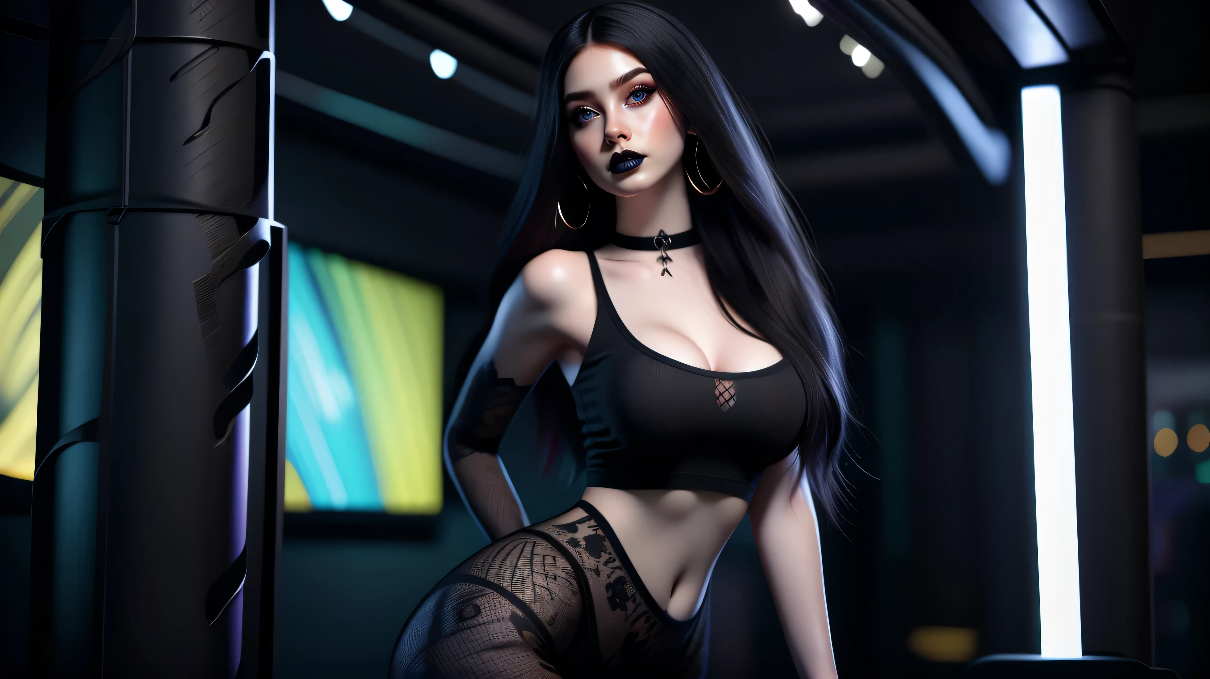 Best quality, 3d rendering work, 3DMM style, Close-up, Portrait,3D, 1girll, only, Black hair, earrings, looking at the camera, Realistic, Thin hips, Full body, thigh to head shot, ((sexy)), ((goth)), (panties), standing in front of a nightclub, city street, bangs, looks away, Long straight black hair, full lips, choker necklace, Makeup, (Green eyes), Tifa Lockhart, (round breasts, full breasts), (Medium breasts: 1.1)