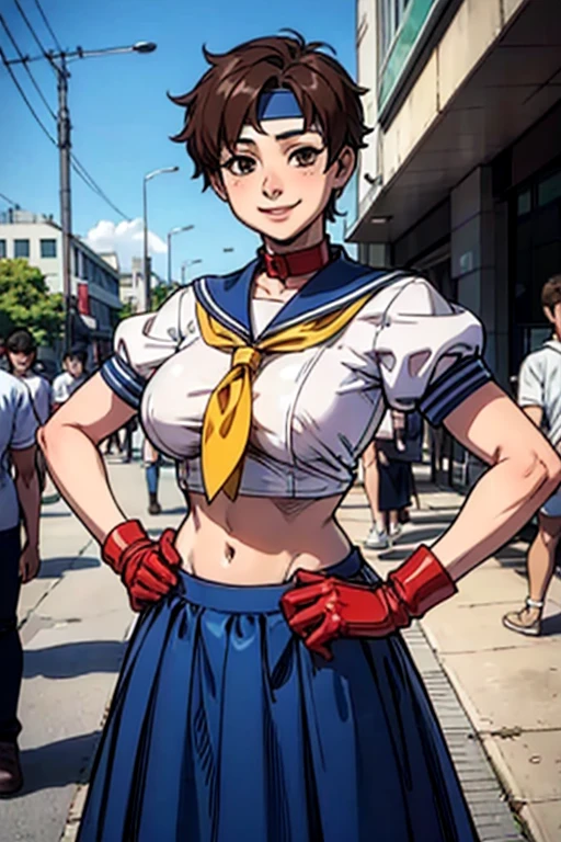 Kasugano Sakura,  Brown Eyes ,  short brown hair ,  white headband , Sailor collar, School, Short sleeve, belly button, Blue Skirt, Red gloves,  watch viewers, smile,  standing, Mid Shot,  outside, city, street, market, crowd, hands on hips,  blue sky,  High Quality ,  Masterpiece  , (((half undress))) 