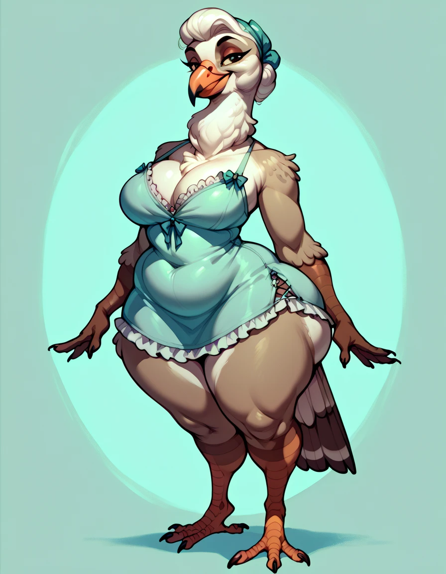 Furry BIRD female , elderly female ,wearing nightwear dress ,huge wide hips , thick thighs ,Full body ,pose,big butt