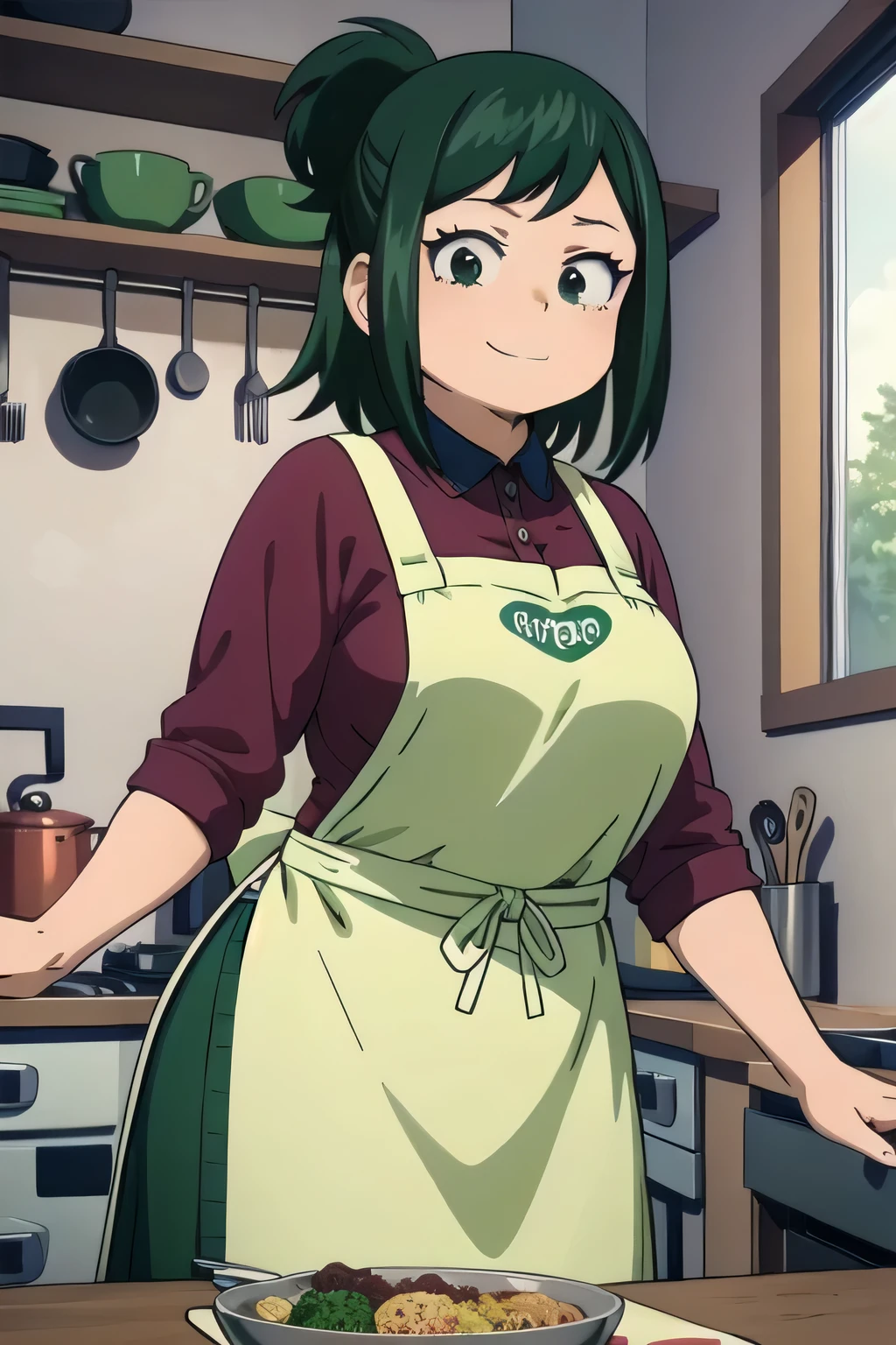  best quality,   masterpiece , portrait, 
1 , Midoriya Inko,  green hair,   short hair,  short ponytail ,  green eyes ,  Big breasts , curve, gordo, shirt, apron, inside, kitchen,  looking at the spectator, smile,
