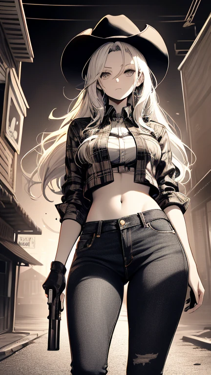 one gilr 8k, best definition master piece, black and white color, one girl wearing cowgirl outfit, wearing jeans, plaid shirt, girl whit long hair, white hair, big breast, wide hips, thighs, holding a gun, wester cap,  in a ghost town, stand up, looking in a sunsent, 