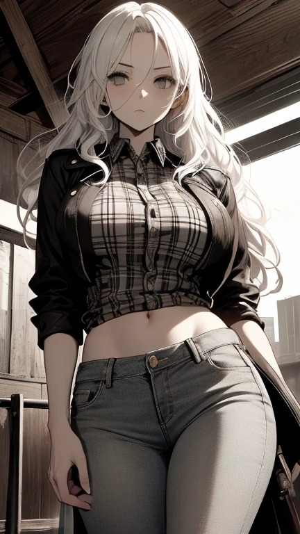 one gilr 8k, best definition master piece, black and white color, one girl wearing cowgirl outfit, wearing jeans, plaid shirt, girl whit long hair, white hair, big breast, wide hips, thighs, holding a gun, wester cap,  in a ghost town, stand up, looking in a sunsent, 