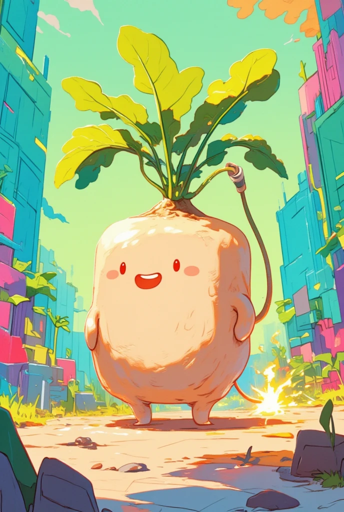 This bomb resembles a cute square radish. On the top is a bright radish leaf, and from the side is a lit fuse that resembles a radish root. The overall atmosphere is colourful and humorous, with a brightly coloured cartoon-style landscape in the background.