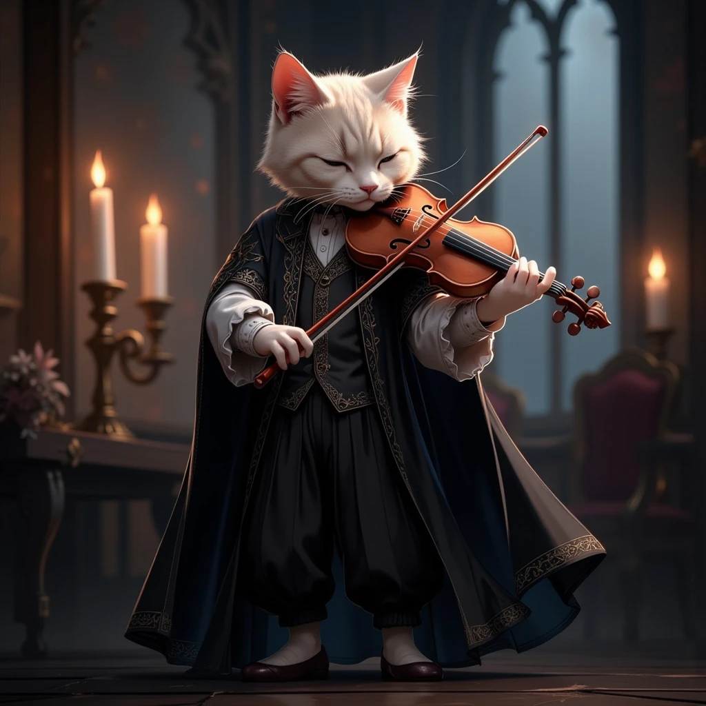 T5 Style Prompt:

"A cute anthropomorphic cat dressed in a gothic-style outfit, performing with a violin. The cat's attire features intricate lace details, a high-collared shirt, and a flowing dark velvet cape adorned with subtle patterns. The feline's expression is focused and serene, embodying the grace of a seasoned musician. The violin, crafted with fine detail, glows faintly as it is played, with a gothic charm that matches the atmosphere. The background is dimly lit, with soft gothic-inspired elements such as candelabras, arched windows, and faint shadows that create a moody yet elegant setting. The scene radiates a blend of charm, sophistication, and musical artistry, with the cat's poised stance and flowing clothing adding to the gothic aesthetic."

CLIP Style Prompt:

"Cute anthropomorphic cat, gothic outfit, lace details, high collar, velvet cape, playing violin, focused expression, dim lighting, gothic background, candelabras, arched windows, elegant musician.