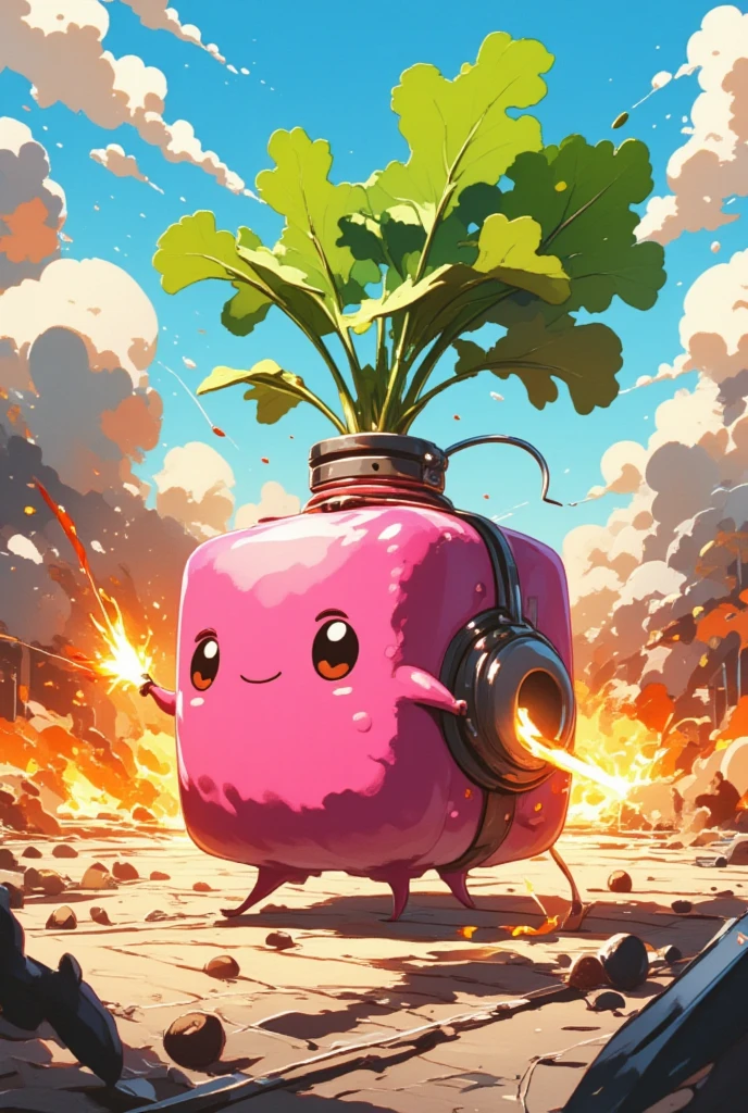 This bomb resembles a cute square radish. It is colourful and lovely on the outside, but has a clear bomb shape at the bottom and a bright radish leaf growing on top. A fuse with a fire, resembling a radish root, extends from the side and sparks are emitted. The background is a powerful cartoon-style explosion scene, humorous but tense.