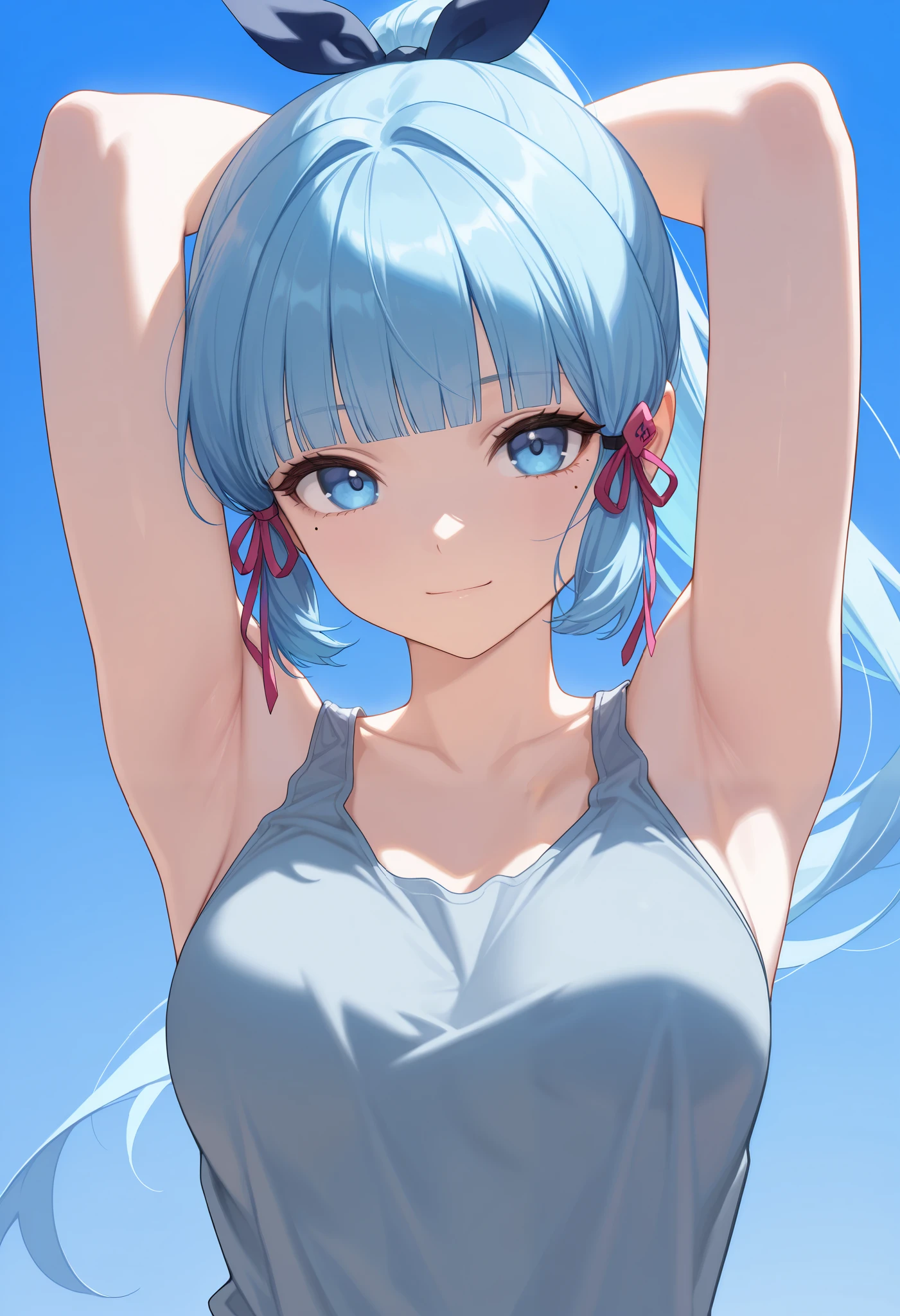 (masterpiece, best quality, high quality, highres, ultra-detailed), 1girl, solo, defAya, blue hair, blue eyes, blunt bangs, mole under eye, ponytail, hair ornament, hair ribbon, medium breasts, tank top, upper body, arms up, arm pit focus, light smile, looking at viewer, blue sky, simple background