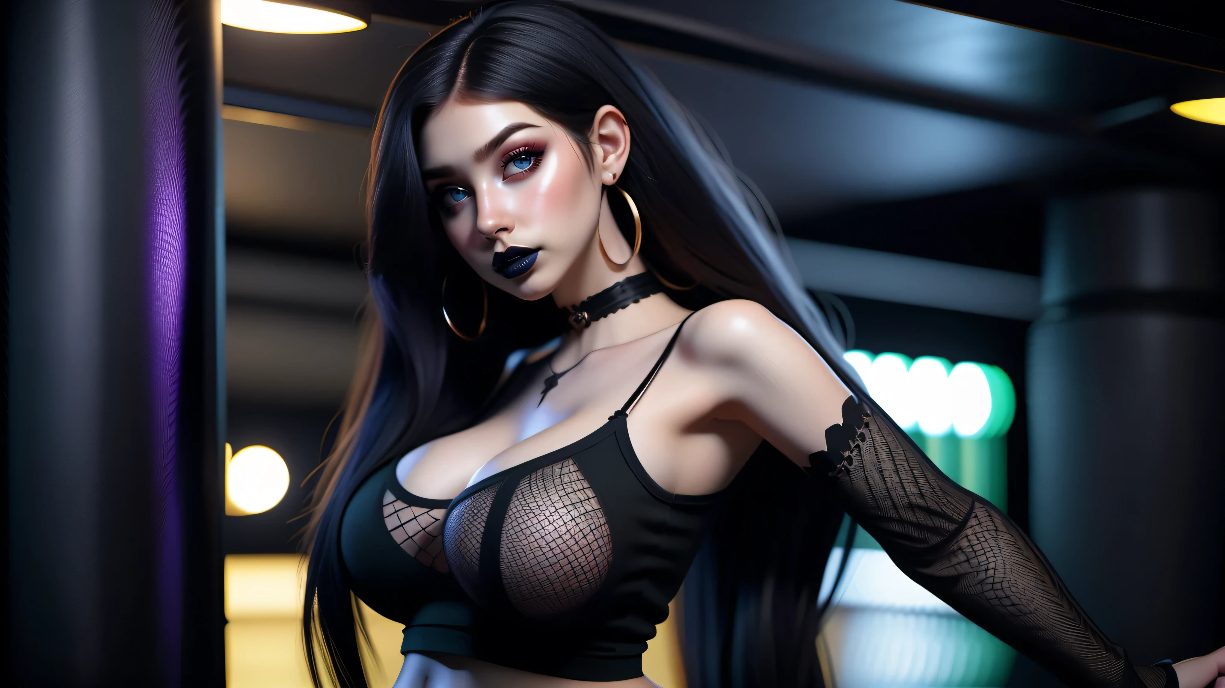 Best quality, 3d rendering work, 3DMM style, Close-up, Portrait,3D, 1girll, only, Black hair, earrings, looking at the camera, Realistic, Thin hips, Full body, thigh to head shot, ((sexy)), ((goth)), (panties), standing in front of a nightclub, city street, bangs, looks away, Long straight black hair, full lips, choker necklace, Makeup, (Green eyes), Tifa Lockhart, (round breasts, full breasts), (Medium breasts: 1.1)