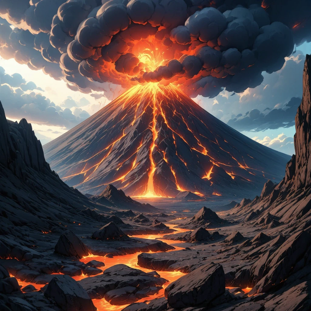 a volcanic eruption, erupting volcano, dramatic sky, fiery lava flowing, ash cloud billowing, rocky terrain, flowing magma, glowing embers, scorched earth, cinematic lighting, dramatic atmosphere, intense colors, vibrant hues, chiaroscuro lighting, dynamic composition, photorealistic, 8k, high resolution, masterpiece, artstation, sharp focus, physically-based rendering