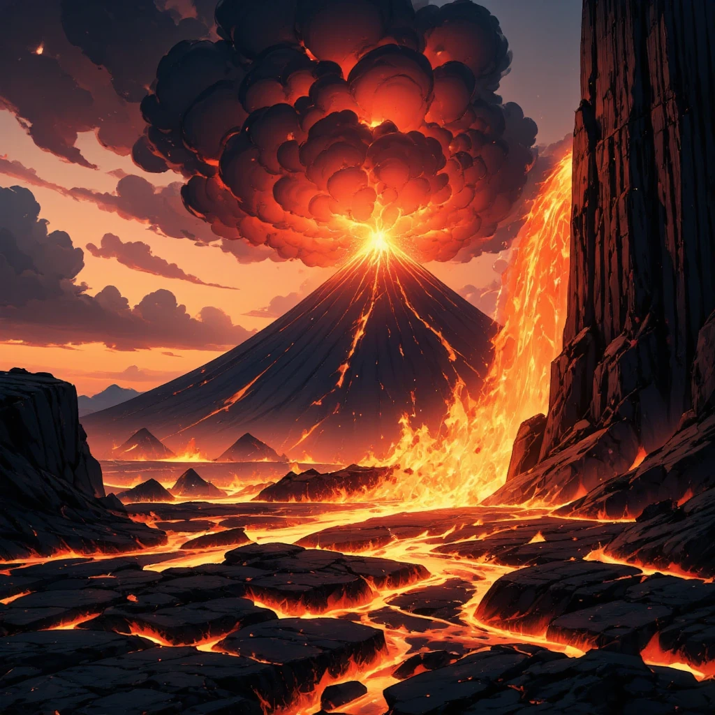 a volcanic eruption, erupting volcano, dramatic sky, fiery lava flowing, ash cloud billowing, rocky terrain, flowing magma, glowing embers, scorched earth, cinematic lighting, dramatic atmosphere, intense colors, vibrant hues, chiaroscuro lighting, dynamic composition, photorealistic, 8k, high resolution, masterpiece, artstation, sharp focus, physically-based rendering