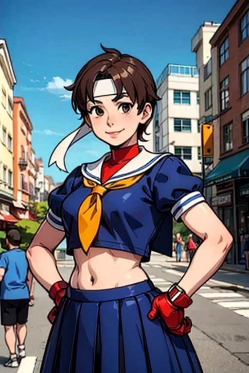 Kasugano Sakura,  Brown Eyes ,  short brown hair , ( white headband ), Sailor collar, School, Short sleeve, belly button, Blue Skirt, Red gloves,  watch viewers, smile,  standing, Mid Shot,  outside, city, street, market, crowd, hands on hips,  blue sky,  High Quality ,  Masterpiece  ,  clothes lift