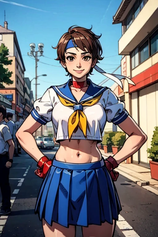 Kasugano Sakura,  Brown Eyes ,  short brown hair , ( white headband ), Sailor collar, School, Short sleeve, belly button, Blue Skirt, Red gloves,  watch viewers, smile,  standing, Mid Shot,  outside, city, street, market, crowd, hands on hips,  blue sky,  High Quality ,  Masterpiece  ,  clothes lift