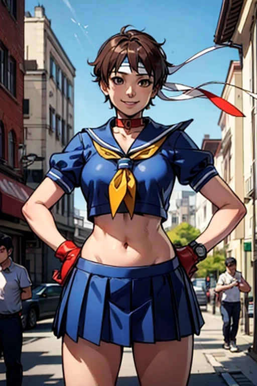 Kasugano Sakura,  Brown Eyes ,  short brown hair , ( white headband ), Sailor collar, School, Short sleeve, belly button, Blue Skirt, Red gloves,  watch viewers, smile,  standing, Mid Shot,  outside, city, street, market, crowd, hands on hips,  blue sky,  High Quality ,  Masterpiece  ,  clothes lift