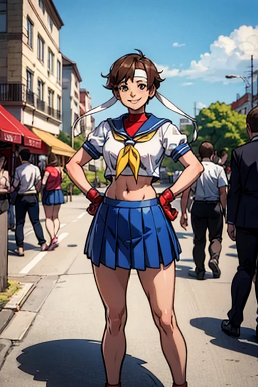 Kasugano Sakura,  Brown Eyes ,  short brown hair , ( white headband ), Sailor collar, School, Short sleeve, belly button, Blue Skirt, Red gloves,  watch viewers, smile,  standing, Mid Shot,  outside, city, street, market, crowd, hands on hips,  blue sky,  High Quality ,  Masterpiece  ,  clothes lift