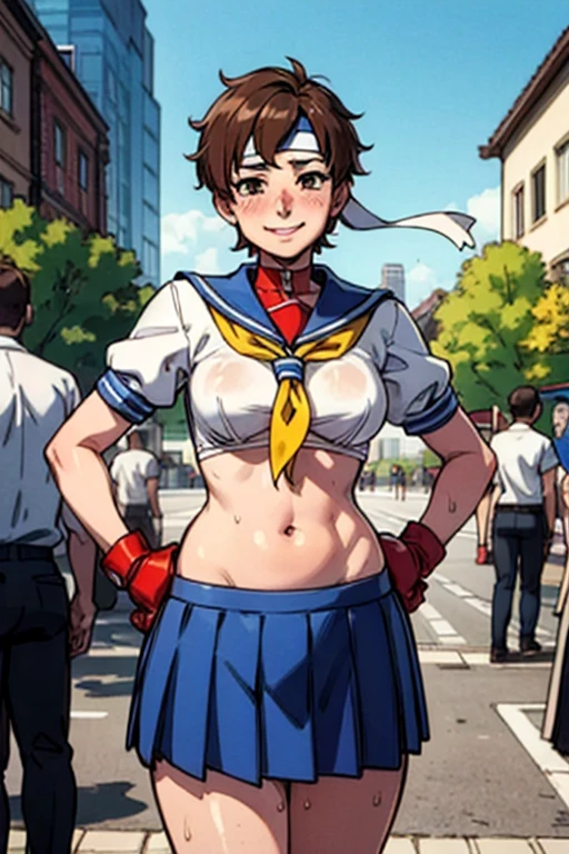 Kasugano Sakura,  Brown Eyes ,  short brown hair ,  white headband , Sailor collar, School, Short sleeve, belly button, Blue Skirt, Red gloves,  watch viewers, smile,  standing, Mid Shot,  outside, city, street, market, crowd, hands on hips,  blue sky,  High Quality ,  Masterpiece  ,  (((undressing))) ,blush、Sigh、 lots of sweat