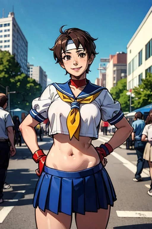 Kasugano Sakura,  Brown Eyes ,  short brown hair , ( white headband ), Sailor collar, School, Short sleeve, belly button, Blue Skirt, Red gloves,  watch viewers, smile,  standing, Mid Shot,  outside, city, street, market, crowd, hands on hips,  blue sky,  High Quality ,  Masterpiece  ,  (((clothes lift)))