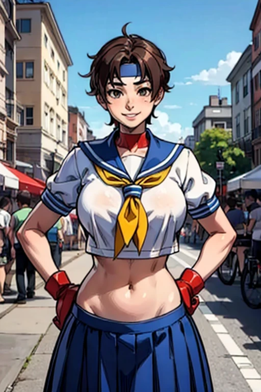 Kasugano Sakura,  Brown Eyes ,  short brown hair , ( white headband ), Sailor collar, School, Short sleeve, belly button, Blue Skirt, Red gloves,  watch viewers, smile,  standing, Mid Shot,  outside, city, street, market, crowd, hands on hips,  blue sky,  High Quality ,  Masterpiece  ,  (((clothes lift)))