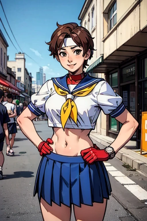 Kasugano Sakura,  Brown Eyes ,  short brown hair , ( white headband ), Sailor collar, School, Short sleeve, belly button, Blue Skirt, Red gloves,  watch viewers, smile,  standing, Mid Shot,  outside, city, street, market, crowd, hands on hips,  blue sky,  High Quality ,  Masterpiece  ,  (((clothes lift)))