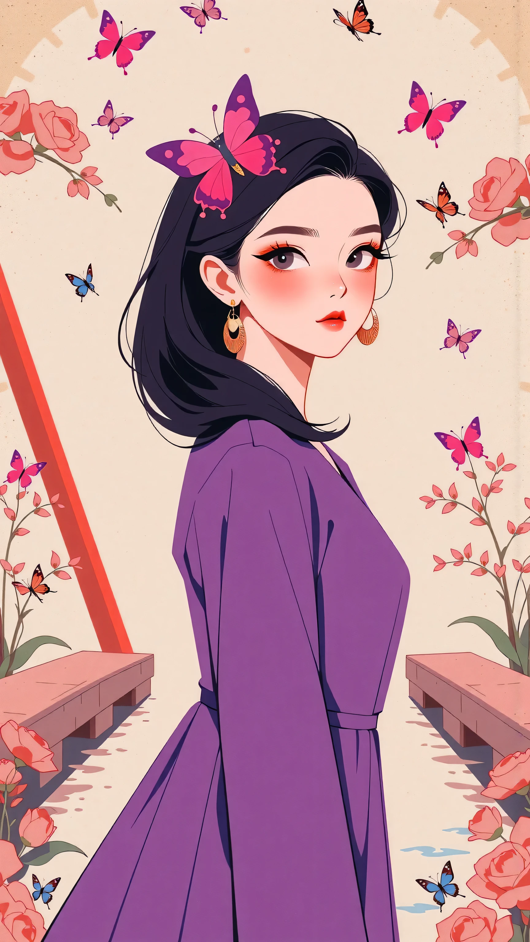 ((best quality)), ((masterpiece)), (detailed), masterpiece, Highest quality, Beautiful attention to detail, Very detailed, In detail, High resolution, Perfect Anatomy, colorful, pastel colour, One Girl, alone, (City pop illustrations), (City Pop Art), Simple Background, Retro Style, (Vaporwave City Pop), (1980s City Pop), (City Pop Anime), (river, bridge), Retro Style, 1980s Fashion, Cowboy Shot,The background is a vintage floral-patterned wallpaper that complements the artwork's colors. The line work is precise, with delicate shading that gives the illustration a 3D quality. The artwork fuses modern illustration techniques with traditional Japanese aesthetics, resulting in a visually striking, portrait, Shinobu_Kocho, butterfly_hairpiece, multicolored_hair, purple_hair, black_hair, big breasts, slender, arms behind back, white panties, cleavage, surreal, art nouveau, in the illustrative style of moebius, spaceships, aliens, fantasy, sci-fi, graphic novel, line drawing, french retro, bizarre, gallery worthy, work of uncanny art, ((best quality)), ((masterpiece)), (detailed), perfect face of cyberpunk mecha japanese girl, neon red eyes, neon blue body, neon purple hair, ((monochromatic neon red, blue, and purple color palette)), surreal, art nouveau, in the illustrative style of moebius, spaceships, aliens, fantasy, sci-fi, graphic novel, line drawing, french retro, bizarre, gallery worthy, work of uncanny art, ((huge breasts)), ((cleavage)), sexy, submissive, seductive, big breasts, cleavage, looking at viewer, arms behind back, ulzzang, portrait, sexy, submissive, ((seductive)), ((heavy blushing)), shy, tease, Sharp focus, ((shiny skin)), ((naughty girl)), young asian harujuku hentai girl, big breasts, amd very pronounced cleavage, hyperreal, 16k, ultra-detailed,