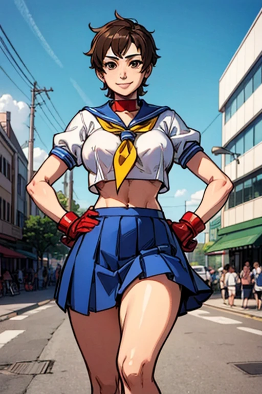 sakura kasugano, brown eyes, short brown hair, white headband, sailor collar,cutout between underboob and school uniform, short sleeves, navel, blue skirt, red gloves, looking at viewer, smiling, standing, medium shot,  outside, city, street, market, crowd, hands on hips, blue sky, high quality, masterpiece,  