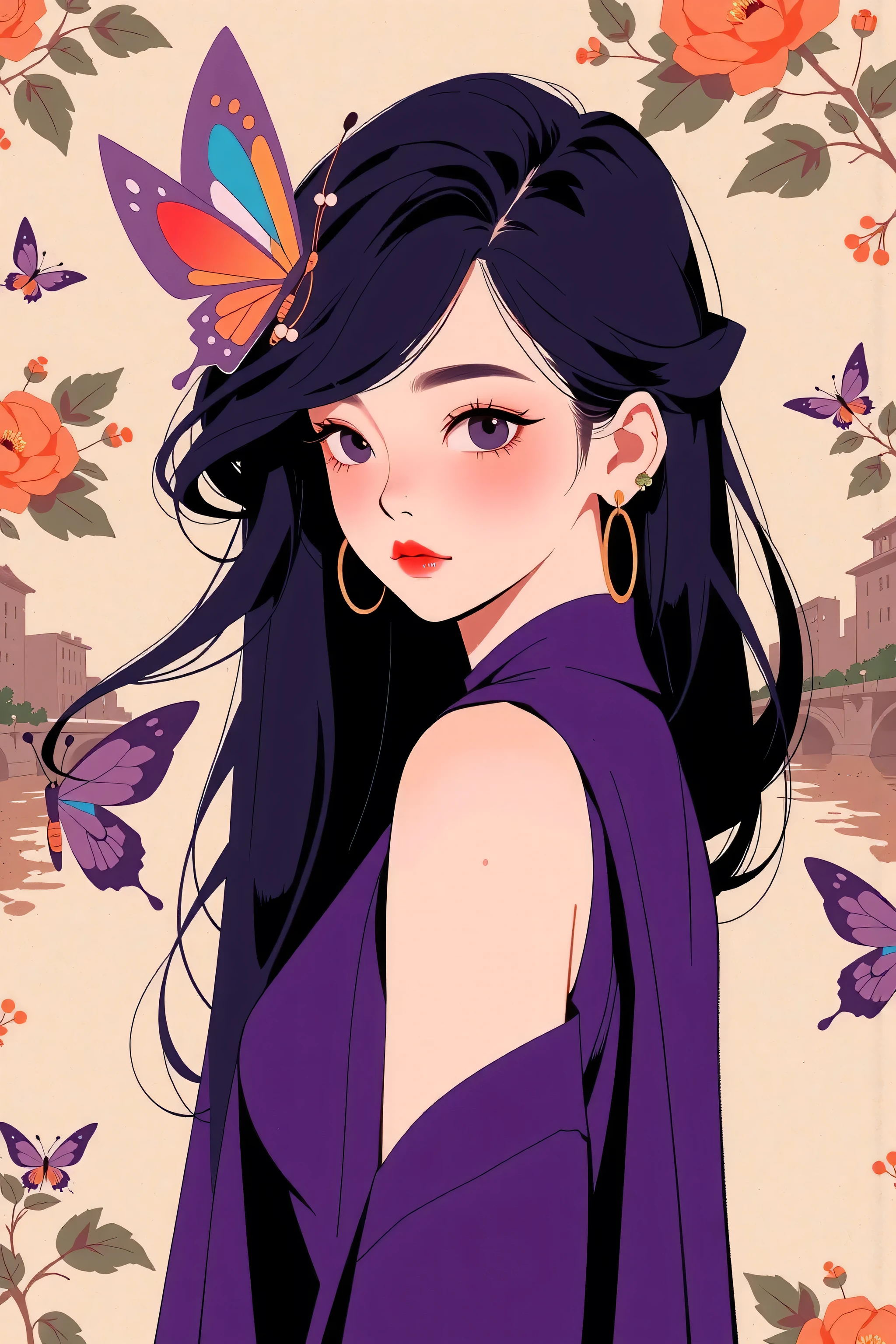 ((best quality)), ((masterpiece)), (detailed), masterpiece, Highest quality, Beautiful attention to detail, Very detailed, In detail, High resolution, Perfect Anatomy, colorful, pastel colour, One Girl, alone, (City pop illustrations), (City Pop Art), Simple Background, Retro Style, (Vaporwave City Pop), (1980s City Pop), (City Pop Anime), (river, bridge), Retro Style, 1980s Fashion, Cowboy Shot,The background is a vintage floral-patterned wallpaper that complements the artwork's colors. The line work is precise, with delicate shading that gives the illustration a 3D quality. The artwork fuses modern illustration techniques with traditional Japanese aesthetics, resulting in a visually striking, portrait, Shinobu_Kocho, butterfly_hairpiece, multicolored_hair, purple_hair, black_hair, big breasts, slender, arms behind back, white panties, cleavage, surreal, art nouveau, in the illustrative style of moebius, spaceships, aliens, fantasy, sci-fi, graphic novel, line drawing, french retro, bizarre, gallery worthy, work of uncanny art, ((best quality)), ((masterpiece)), (detailed), perfect face of cyberpunk mecha japanese girl, neon red eyes, neon blue body, neon purple hair, ((monochromatic neon red, blue, and purple color palette)), surreal, art nouveau, in the illustrative style of moebius, spaceships, aliens, fantasy, sci-fi, graphic novel, line drawing, french retro, bizarre, gallery worthy, work of uncanny art, ((huge breasts)), ((cleavage)), sexy, submissive, seductive, big breasts, cleavage, looking at viewer, arms behind back, ulzzang, portrait, sexy, submissive, ((seductive)), ((heavy blushing)), shy, tease, Sharp focus, ((shiny skin)), ((naughty girl)), young asian harujuku hentai girl, big breasts, amd very pronounced cleavage, hyperreal, 16k, ultra-detailed, 

