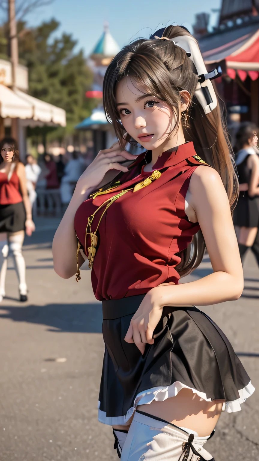 (((  top quality))), (( Masterpiece  )), (    Details), ((Alone)), ((((((A girl dressed as Isuzu Chito)))))),  ((( slender body:1.4, Big Breasts , Thick Ass,  slim,  Thin Waist ,  toned thick thighs,  Thin legs))),(    pretty nipples with visible buttocks,  camel toe    ,Camel hoof), ((      growing skin with semen on my belly    ,    white skin,      growing skin with semen on my belly    )), Mysterious Light,  ((( Girl with a well-groomed face   ))), ((  big eyes)), ((((((Droopy eyes)))))), ((((   closes the eye )))), ((((   accurate anatomy )))),    Completely-valid   ,    Eye Shadow ,     earrings for women alone  ,    Necklaces    , (((((aaisuzu, 1girl, ponytail, brown eyes, uniform, red shirt,  aiguillette , black skirt, white thighhighs, sleeveless:1.1))))),((( random gravure pose))),(((Amusement park background))),